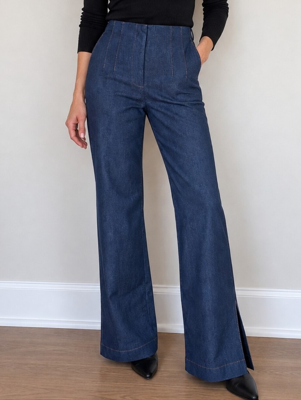 Jason Wu Women’s Size 10 High Rise Denim Trouser Jeans Wide Flare Leg Side Slit